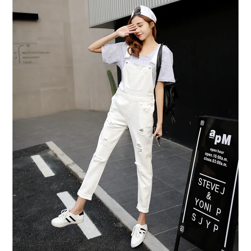 Женские джинсы Vetevidi белые рваные комбинезон модные на подтяжках брюки-карандаш