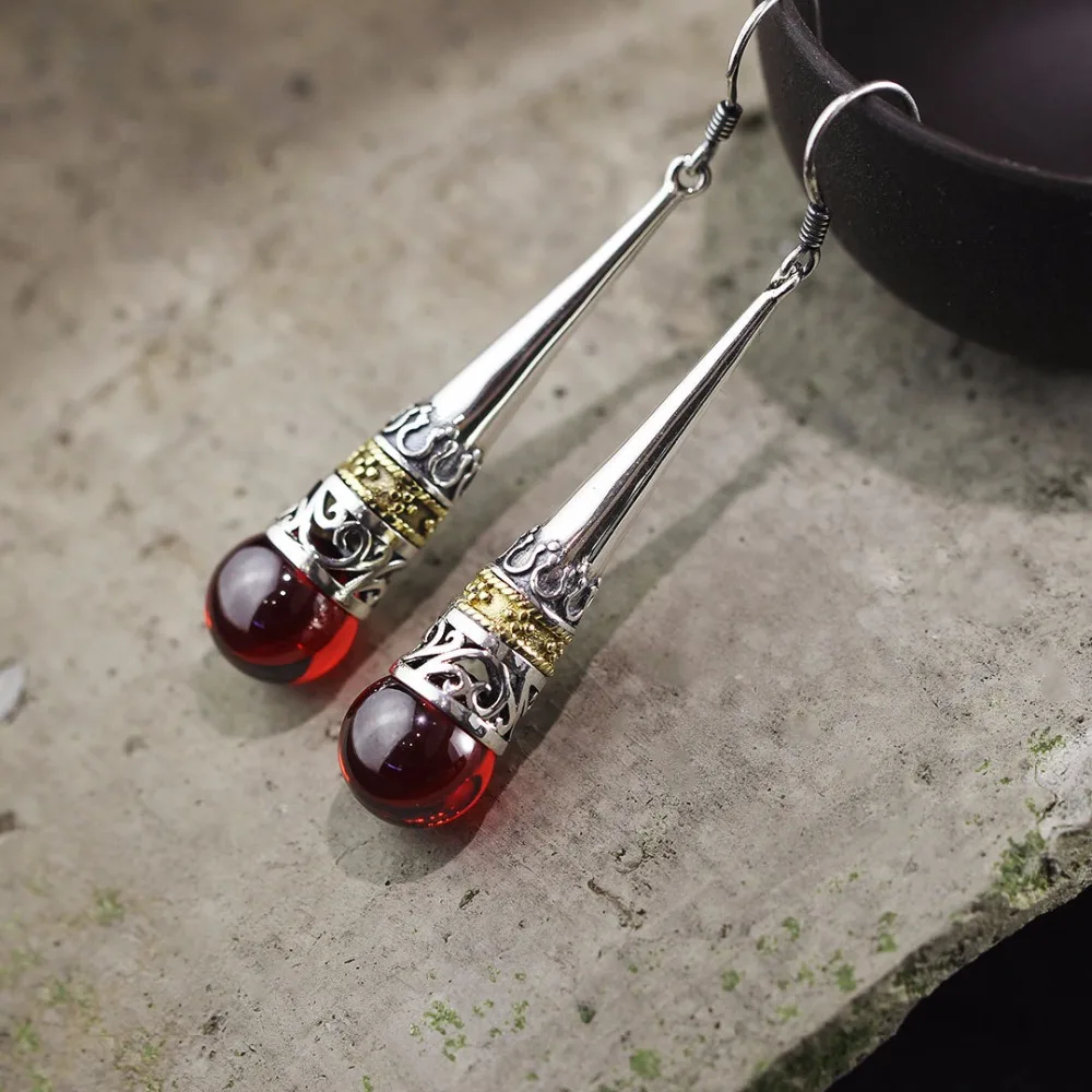 L & P Винтажные серьги Gemst2018 тайские 925 серебряные гранат свадебные капли пробы