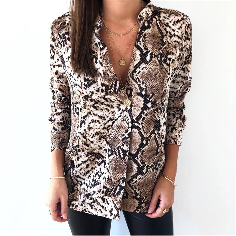 

Fashion Womens Snake Skin V Neck Elegant Tops Bodycon Long Sleeve Blouse sexy Hot Autumn Shirt blusas mujer de moda serpentine