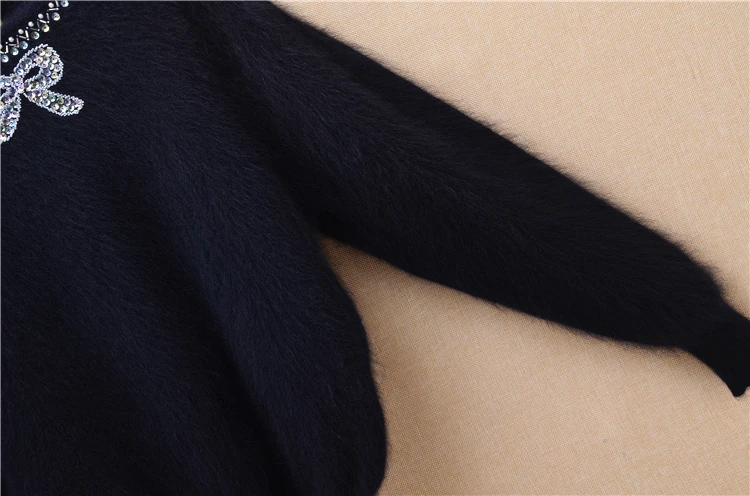 Elegant autumn winter bowknot angora rabbit wool bead Diamond o-neck loose long sleeves mink fur pullover sweater blouses women | Женская