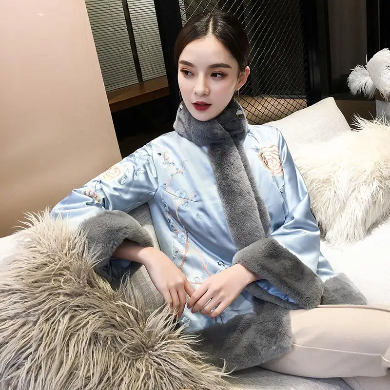 Удобные женские улучшенные Hanfu Clthing зимние теплые толстые хлопковые мягкие спортивные костюмы для открытого воздуха вышивка цветок куртка повседневное пальто - Цвет: Синий