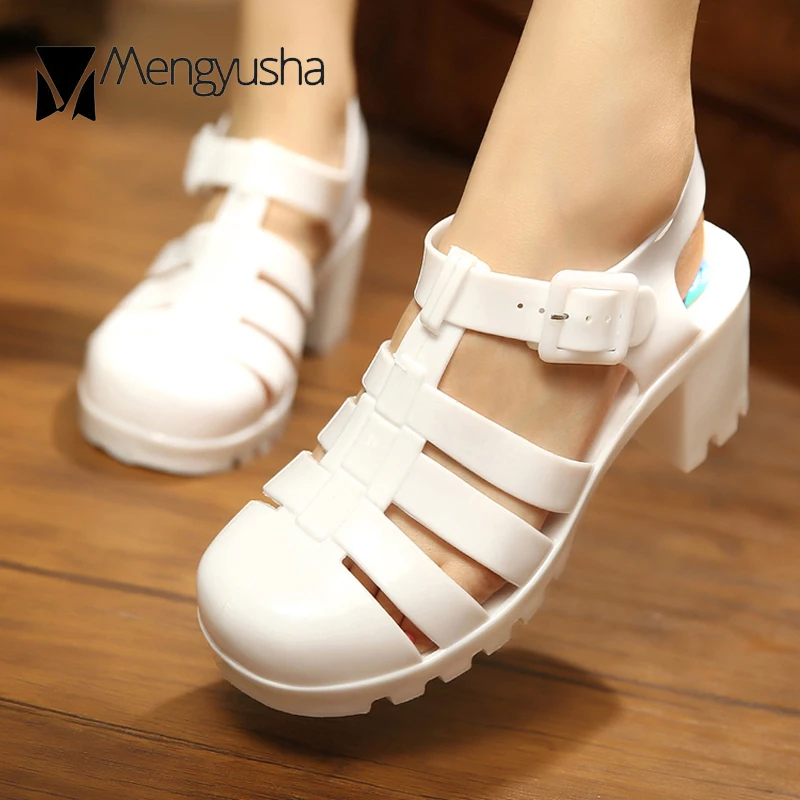 Сандалии-желе женские на высоком толстом каблуке прозрачные блестящие босоножки