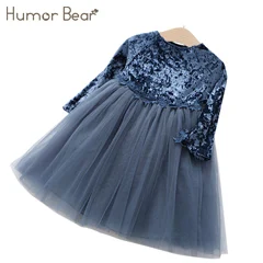 Humor Bear/Новинка года; свитер для девочек; сезон осень-зима; корейские платья с цветочным принтом; детский вязаный пуловер с отворотом; одежда; платье принцессы для малышей