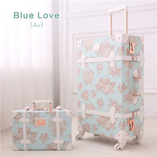 Blue Love(Set) 1" 20" 2" 24" 2" для девушек, винтажный, синий, Цветочный, Дорожный чемодан на колесиках, женский ретро чемодан для путешествий, универсальные чемоданы на колесиках - Цвет: Blue Love(Set)