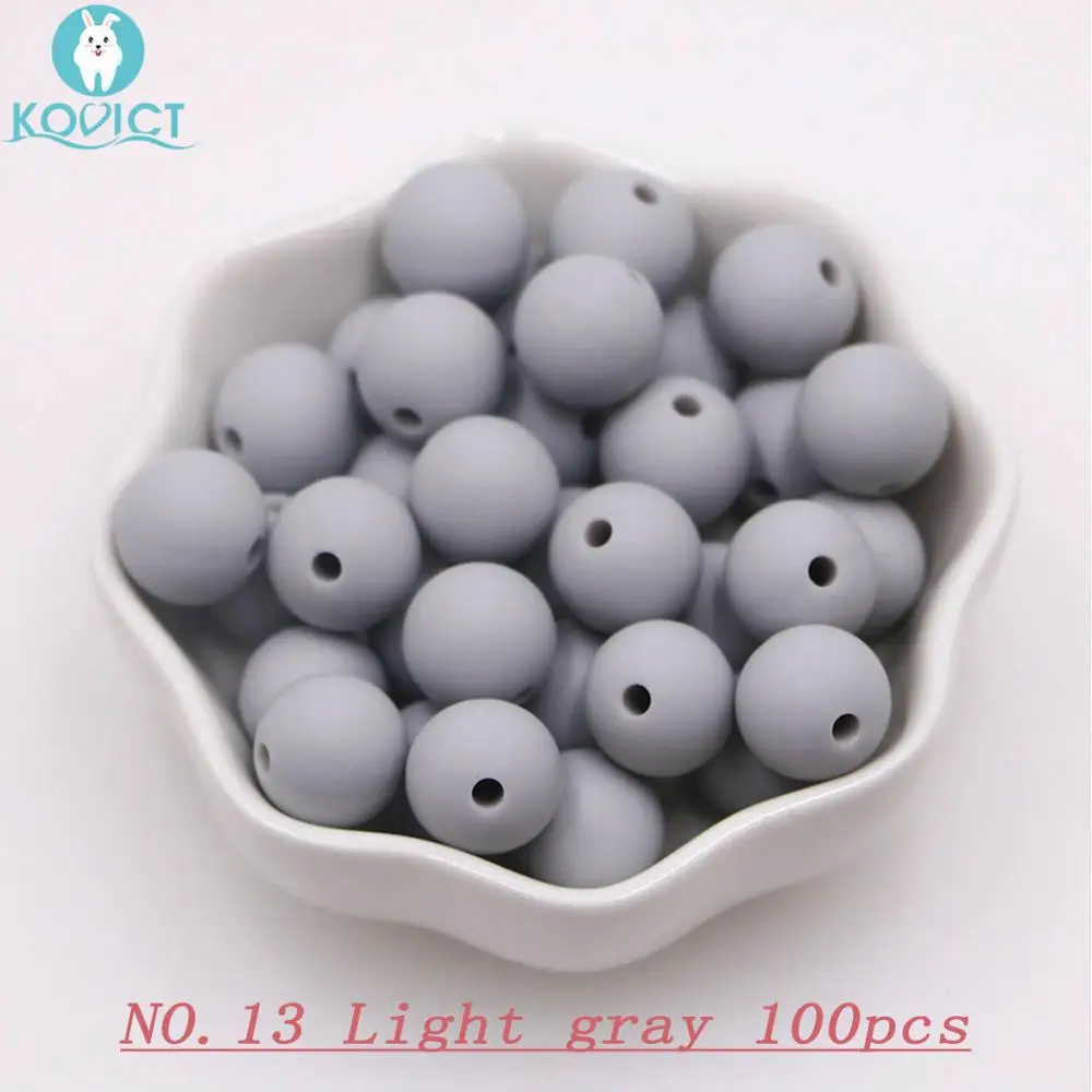 NO.13 Light gray Kovict 100/200/500/1000 шт. Силиконовые Круглые бусины 12 мм, Фурнитура для бижутерии, соски с цепочкой, подарок для новорожденных Круглый Силиконовый Прорезыватель для зубов из бусин для Цепочки и ожерелья - Цвет: NO.13 Light gray