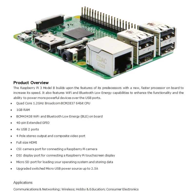 RASPBERRYPI3 MODB 1GB Raspberry Pi 3 Model B 1 ГБ RAM четырехъядерный 2 ГГц 64 бит CPU WiFi и Bluetooth третьего