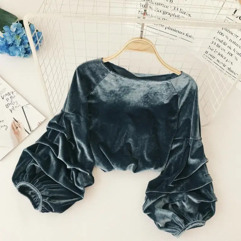 2018 Новая мода Женская блузка рубашка осень и зима сплошной цвет ретро бархат