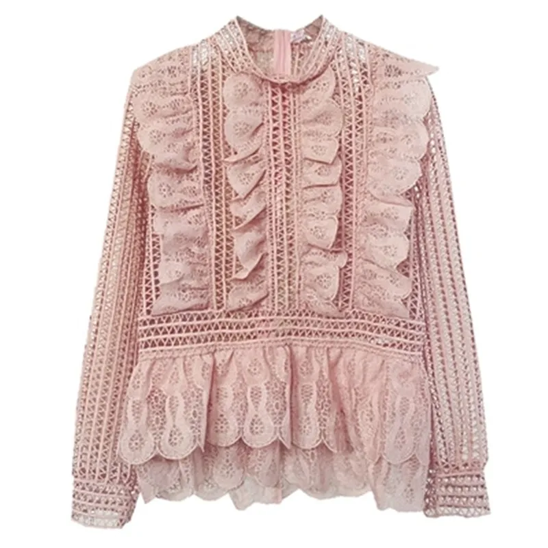 pink Милые полые кружевные рубашки с рюшами и стоячим воротником, комбинированные кружевные плиссированные объемные многослойные топы с длинными рукавами в стиле лотоса 597 - Цвет: pink