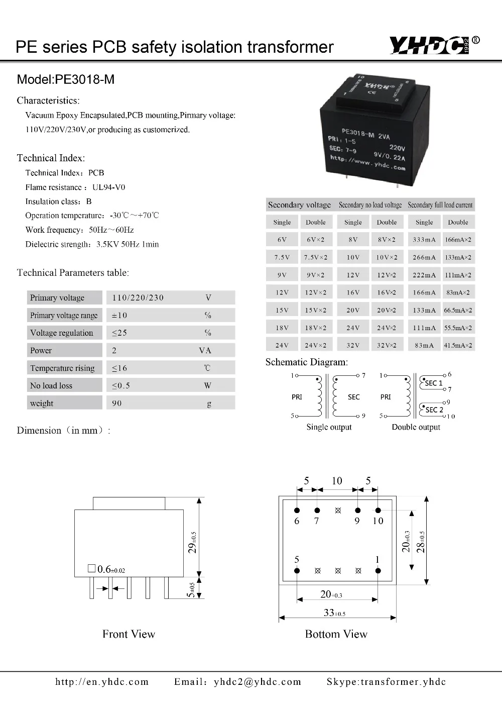 PE3018-M 2VA 220 9В инкапсулированный монтажный трансформатор PCB