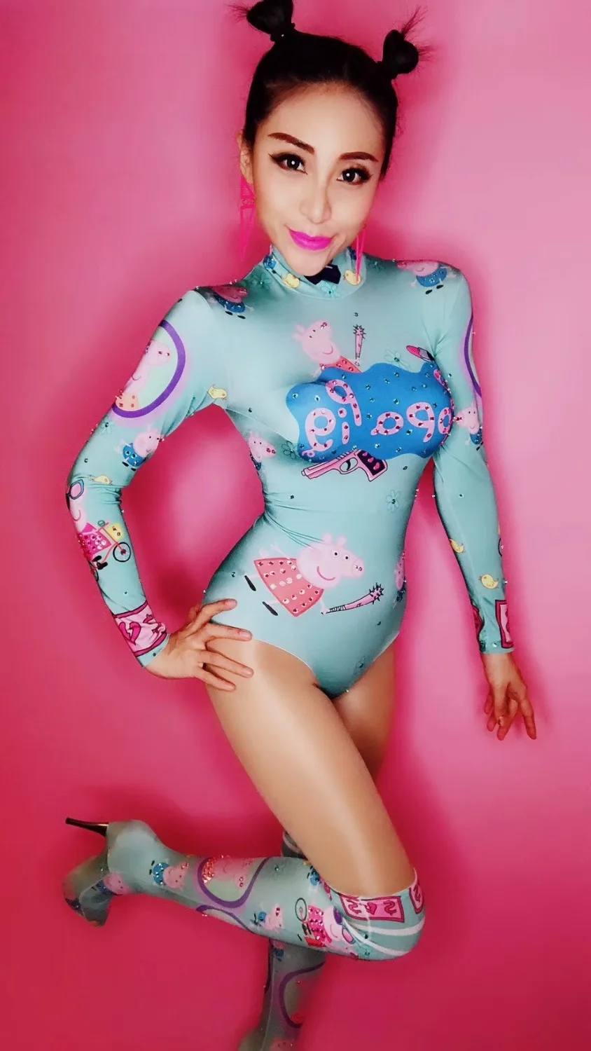 Cut Blue Cartoon Jumpsuit Female Dj Singer Dancer Sexy Leggings Costume Big Stretch Bodysuit Nightclub Oufit Party Wear Outfit