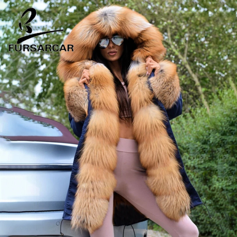FURSARCAR Luxury Real Fur Coat Parka Women With Big Gold Fox Fur Trim Hood And Cuff Winter Thick Warm Fur Parka High Quality