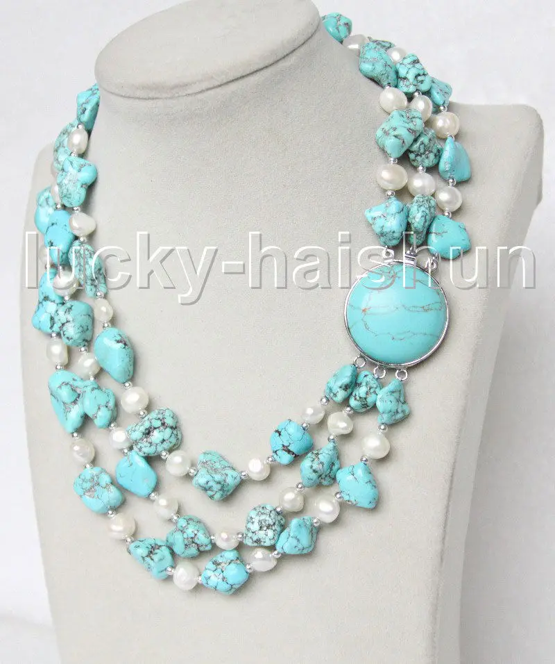 

17" 3row Natural baroque white pearls blue green stone necklace