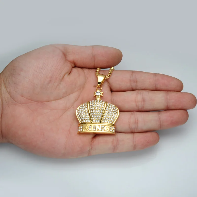 Хип хоп 316L нержавеющая сталь Bling Iced Out король корона ожерелье полный горный хрусталь золото ожерелье s& Подвески для мужчин ювелирные изделия