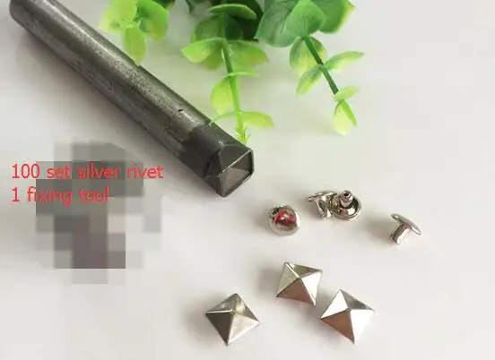 Silver 1 Набор квадратных заклепок набор инструментов+ 100 набор 8 заклепки в форме пирамиды заклепки Гвоздика шип квадратная кожа ручной работы Рок Панк - Цвет: Silver