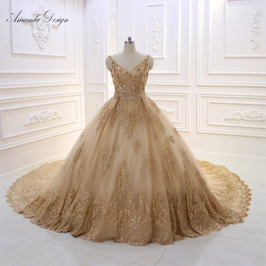 Amanda Design abendkleider V-Neck Lace Appliqued Beading Gold Wedding Dress with Wraps