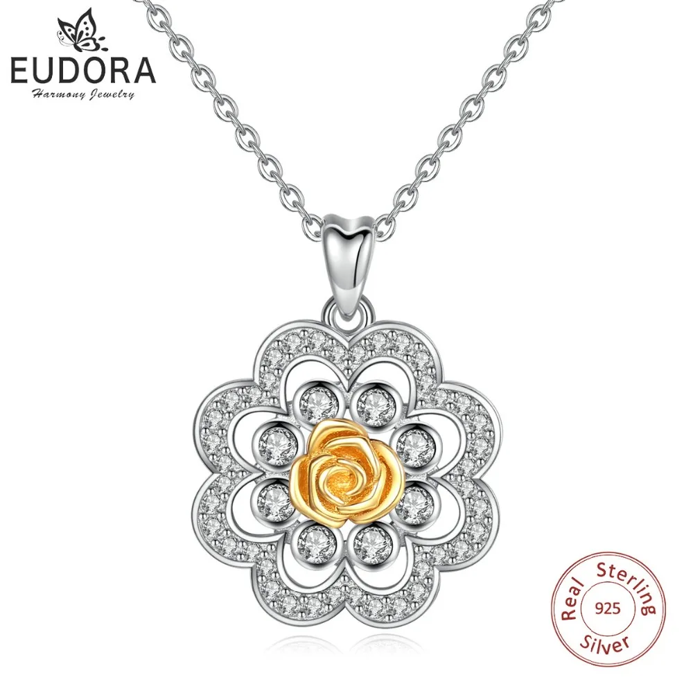 EUDORA Unique 925 Sterling Silver Cubic Zirconia Gold Rose Flower Pendant Necklace For Women Fine Sliver Jewelry Gift CYD330 | Украшения и