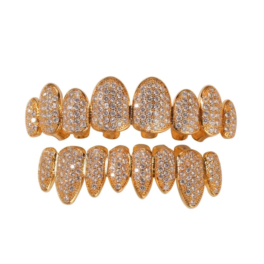 UWIN Iced Out AAA циркон Micro Pave зубы грили шапки Топ и низ грили набор хип хоп для мужчин женщин модные украшения - Окраска металла: Gold set