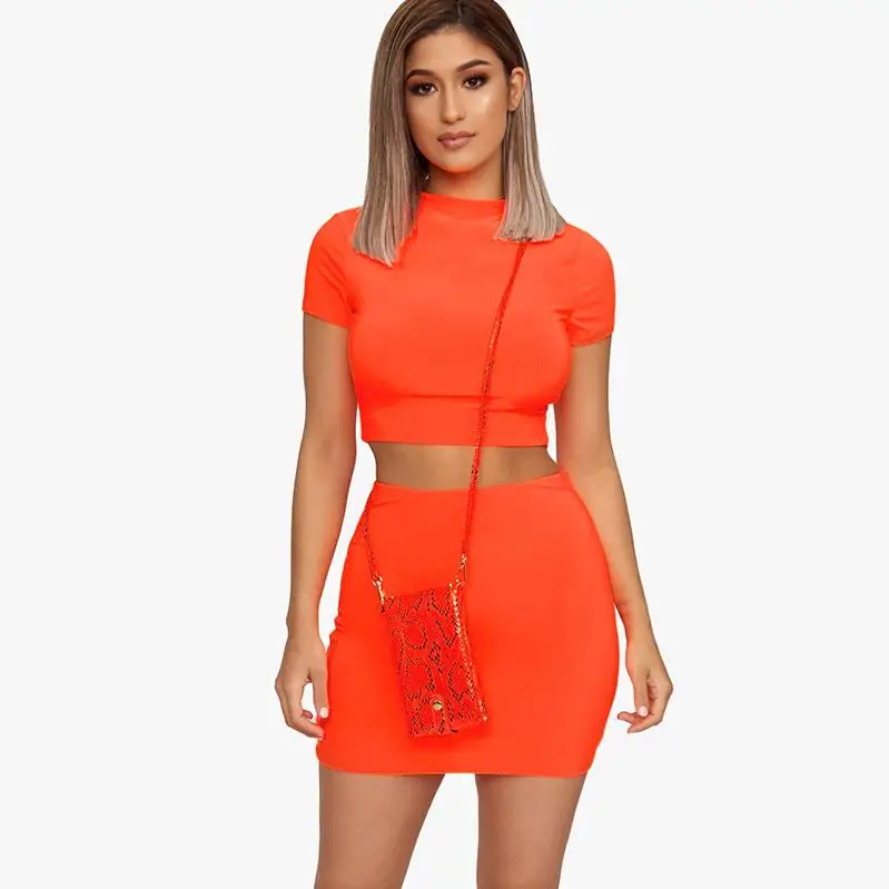 Неоновый розовый orange с коротким рукавом кроп топы и юбки комплект из 2 элементов
