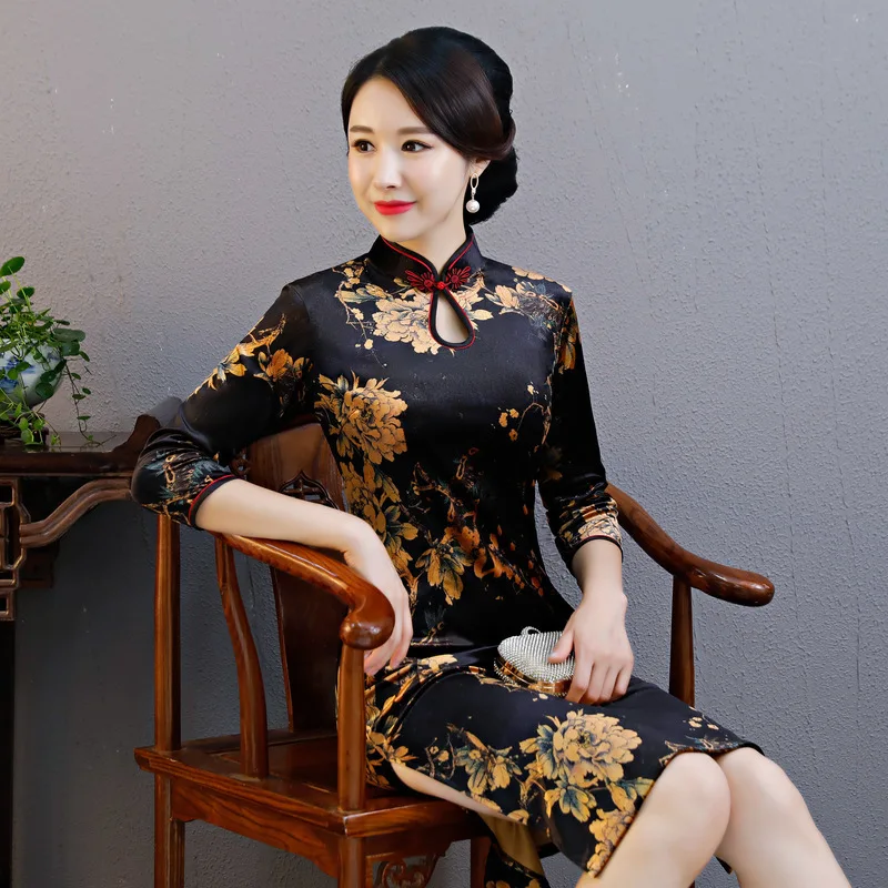 Современный черный цветок Cheongsam Длинные Платья Восточный стиль ожерелье винтажное платье Qi Pao женское традиционное китайское платье Qipao