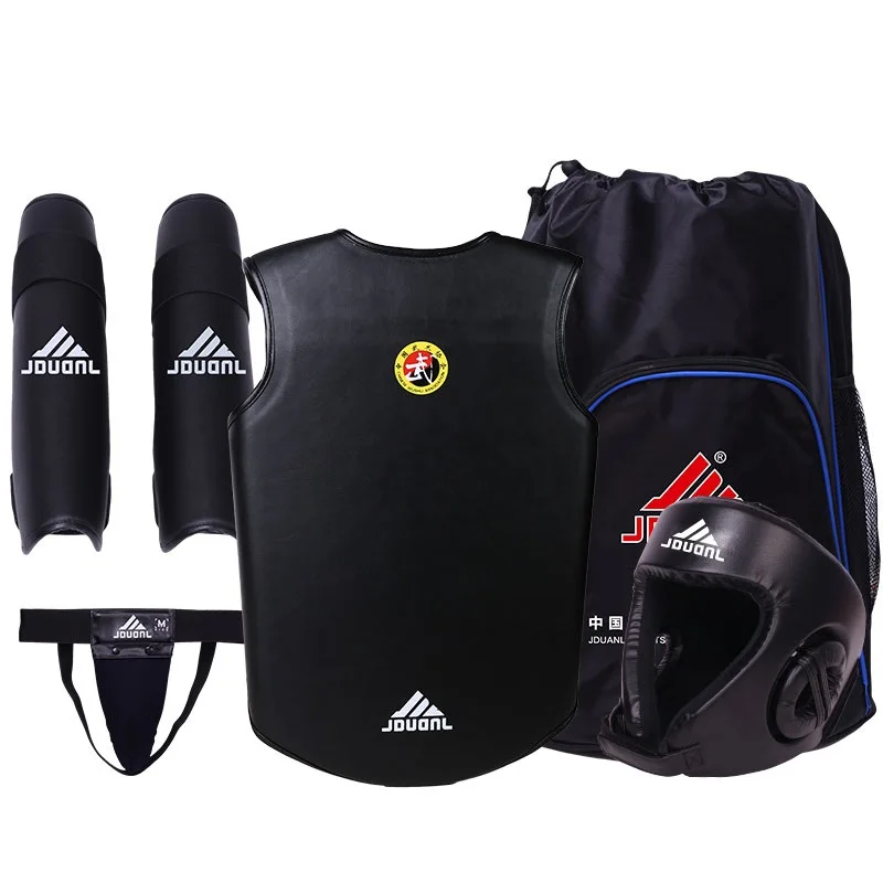 

Free Combat Protection Set includes Helmet Jacket Jockstrap Shin Pad for Taekwondo Karate Thai Boxing Martial Art