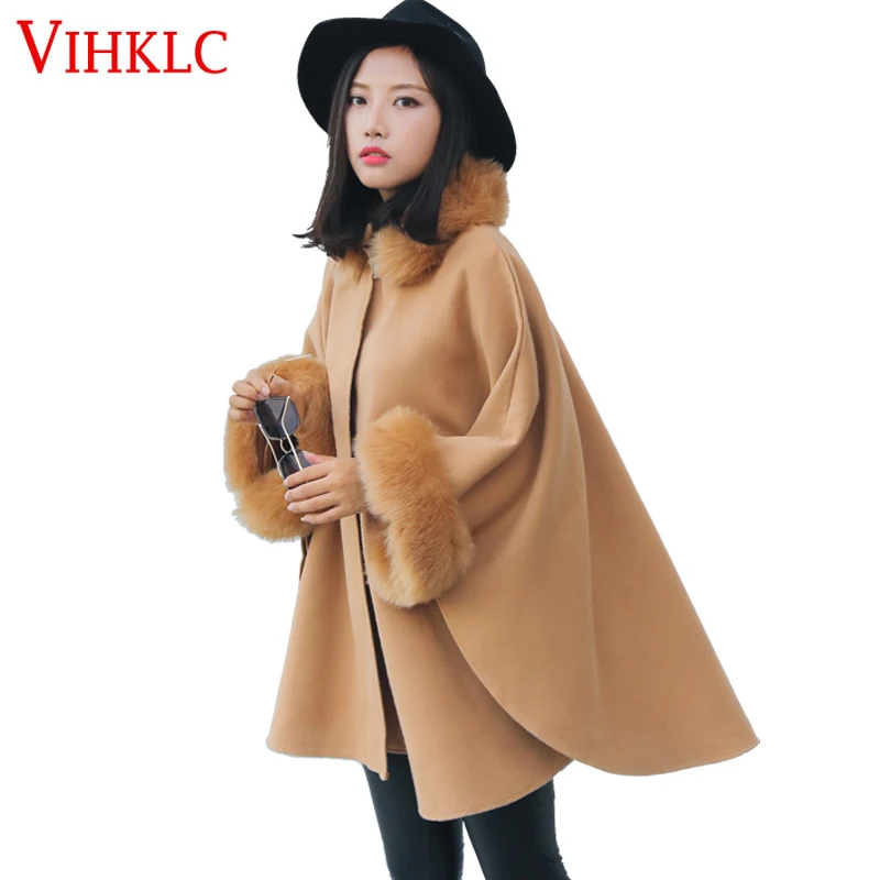 Abrigos Mujer invierno 2017 рукав летучая мышь меховой воротник шерсть пальто свободное