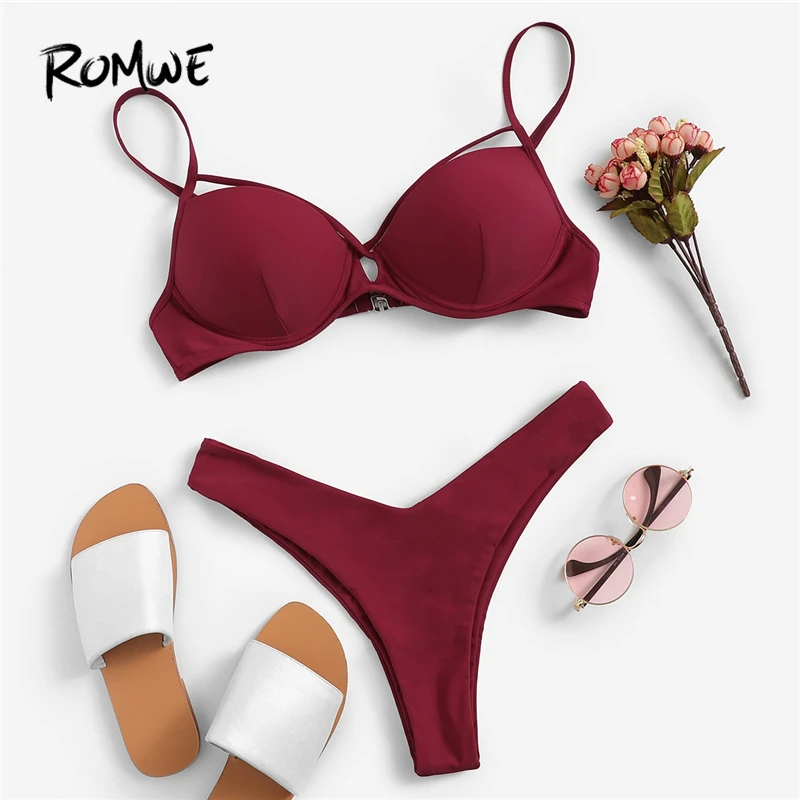 Romwe, спортивный, бордовый, Одноцветный, крест-накрест, на косточках, топ с высокой талией, бикини, набор для женщин,, летний, сексуальный, пуш-ап, пляжный купальник