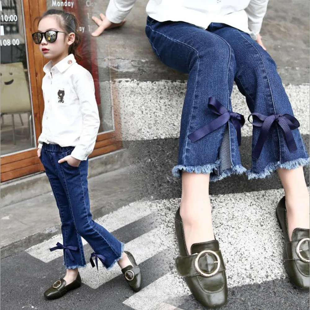 Girl Children Jeans Slim Wide Leg Pants Burr Flared Denim Trousers Fashion Ripped With Bow Ribbon | Детская одежда и обувь