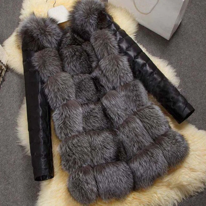 Зимнее пушистое длинное женское пальто с мехом XXXL 4XL кожаными рукавами