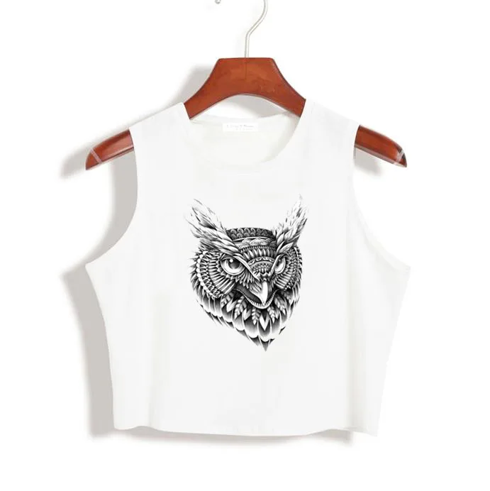 New Fashion Women Vintage Sexy White Crop Top Owl Head Print Tank Summer Cotton Singlet Halter Sleeveless Vest | Женская одежда