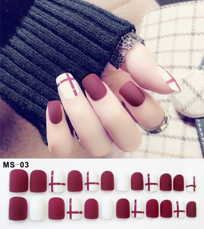 MS03 24 шт., матовые накладные ногти для украшения, красный, зеленый, белый, шикарные длинные квадратные головки, прессованные накладные ногти с клеем, стикер - Цвет: MS03