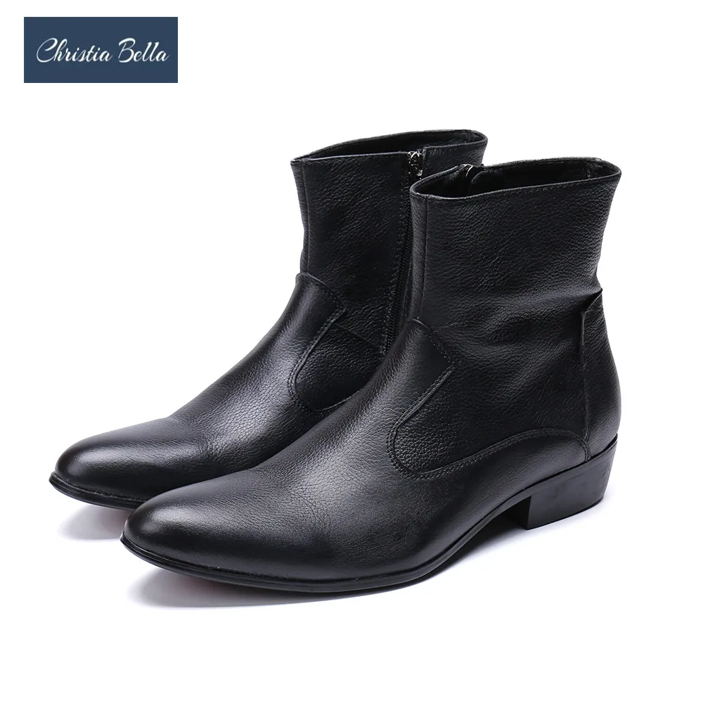 

Christia Bella Western Cowboy Men Boots Ankle Black Genuine Leather Winter Boots Men Safety Shoes Botas Hombre Cool Big Size