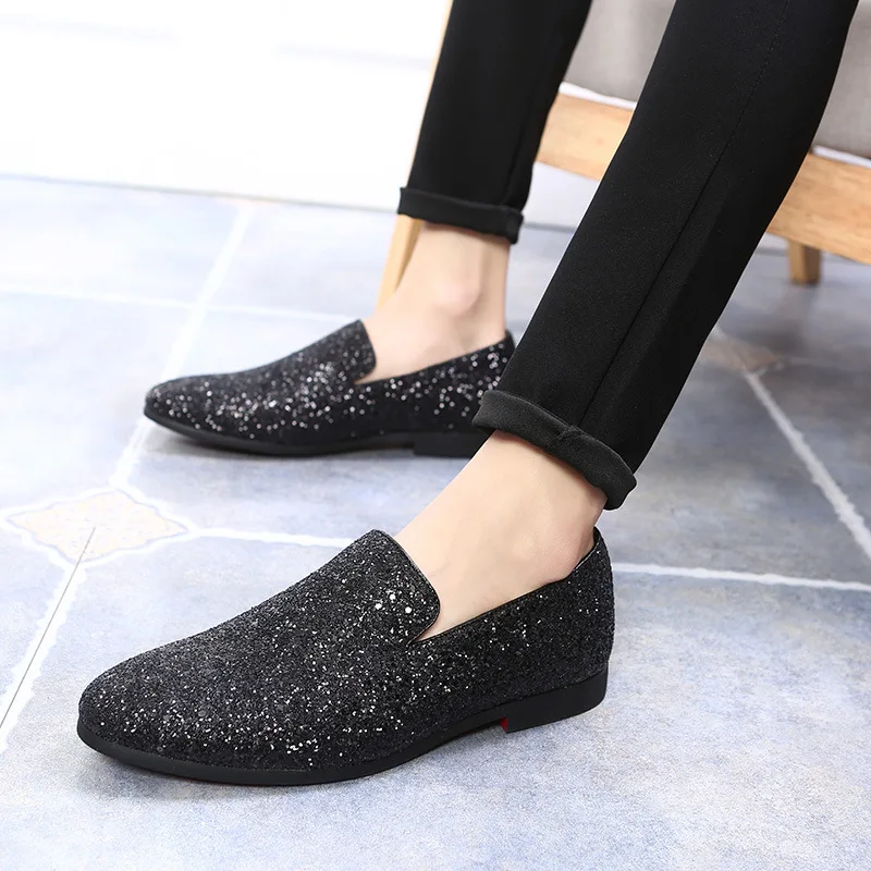 Europe Bling Flat Leather Shoes Rhinestone Fashion Mens Loafer Dress Men Casual Diamond Pointed Toe Gold Silver #33 | Обувь