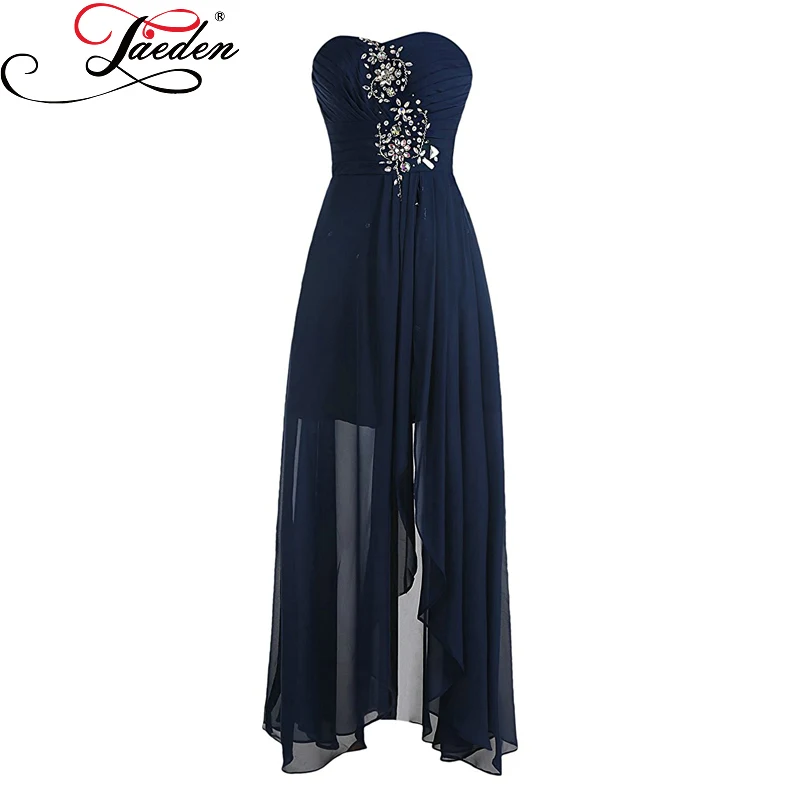 JAEDEN Dark Navy High-low Evening Dresses Beading Crystals Sexy Side Slit Chiffon Sleevelesess 2017 Sweetheart Neck Party Gowns | Свадьбы и