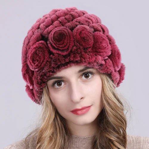 rose red Новые зимние шапки из меха кролика рекс женский Настоящий мех кролика Цветочные шапочки вязаная шапка ручной работы натуральная шапка из меха кролика рекс - Цвет: rose red