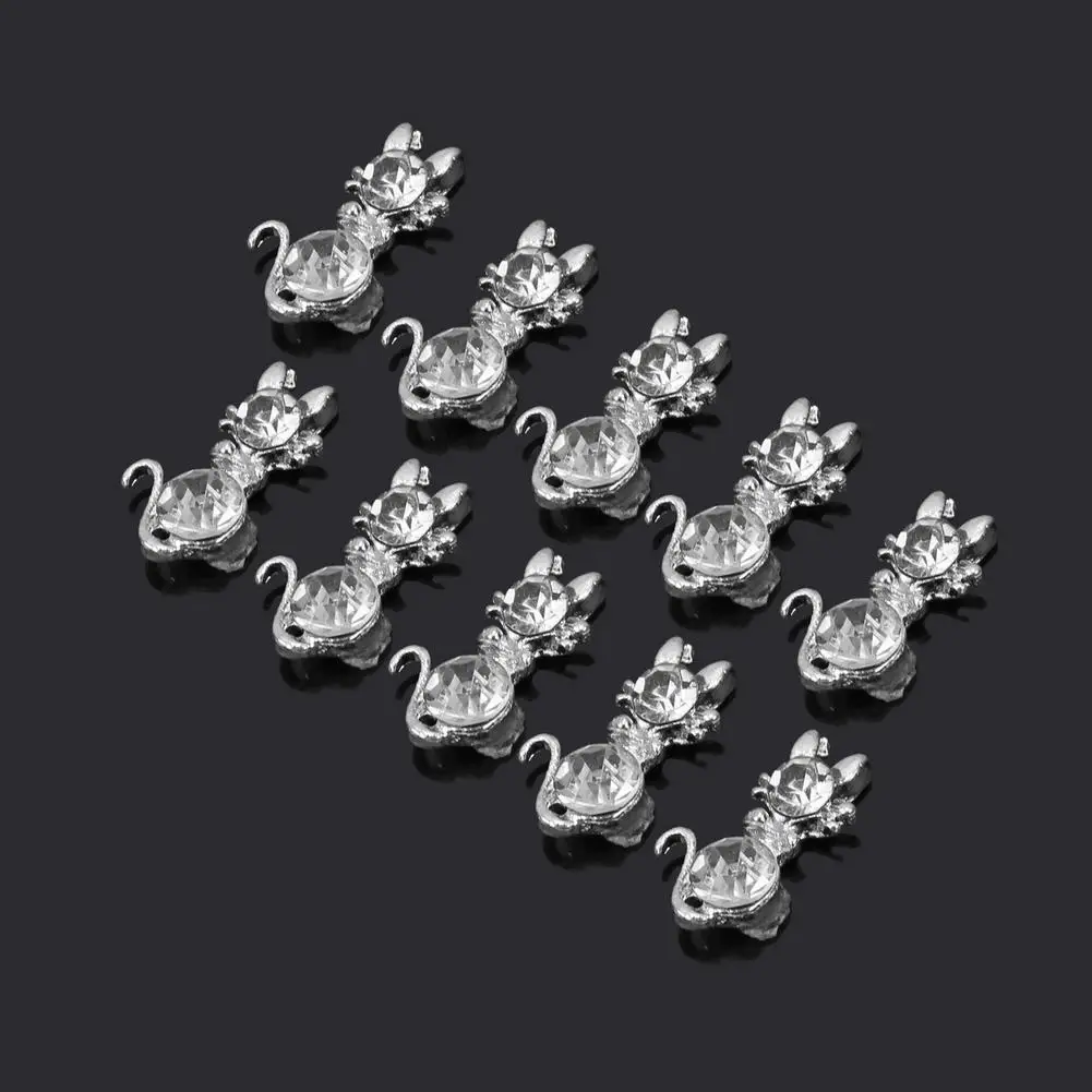 Горячие милые 10 шт Блестящий Кот форма Серебряный Кристалл Дизайн ногтей Советы