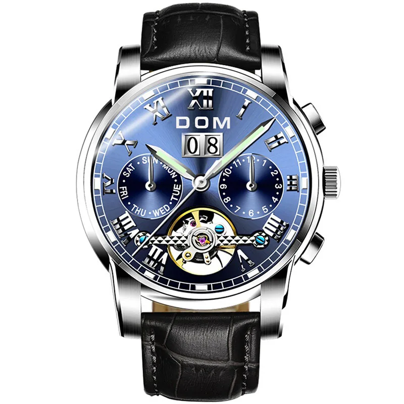blue black DOM Лидирующий бренд, Мужские автоматические часы, роскошные деловые механические полые мужские часы, водонепроницаемые наручные часы для мужчин s - Цвет: blue black