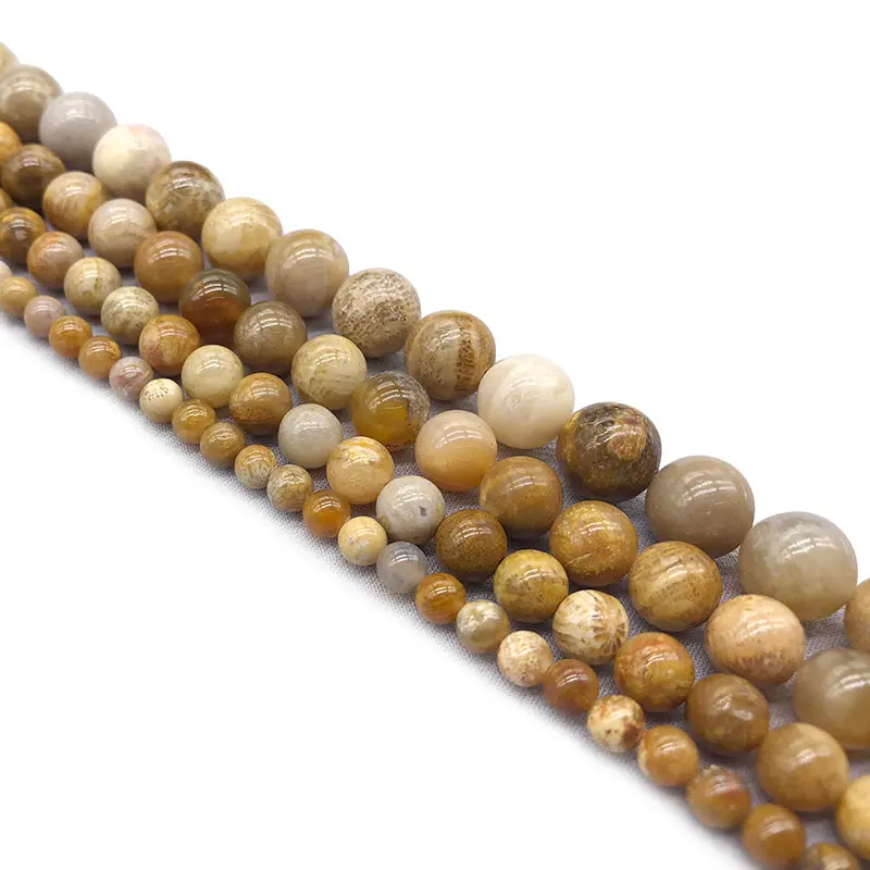 4-12mm Round Light Yellow Fossils Coral Jaspers Beads Natural Stone For Jewelry Making 15'' Needlework DIY | Украшения и