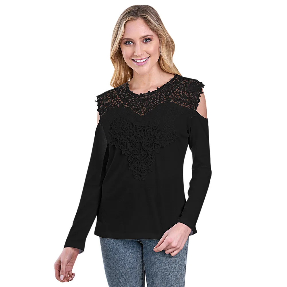 Сращены Кружевная футболка круглый вырез горловины Long Sleeve Cold Shoulder одноцветное