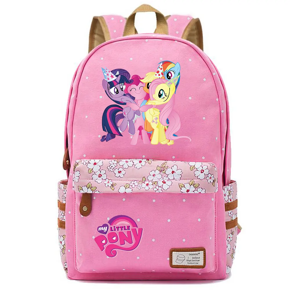703CHK-04 Kawaii My Little Pony Rainbow Dash Pinkie Pie с цветами в горошек, школьная сумка для мальчиков и девочек, женский рюкзак, Подростковый холщовый женский рюкзак - Цвет: 703CHK-04