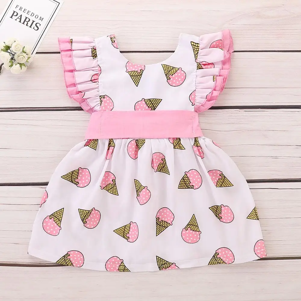 Toddler Baby Girls Sweet Cartoon Ice Cream Lace Dress Flare Short Sleeve Bow Summer Cute Sundress Clothes | Детская одежда и обувь