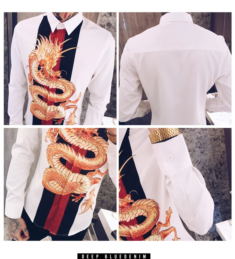 Роскошные сплайсированные ночной клуб смокинг модное платье рубашка Camisa Hombre Slim Fit рубашка Мужская Уличная с принтом дракона Мужская рубашка мужские рубашки