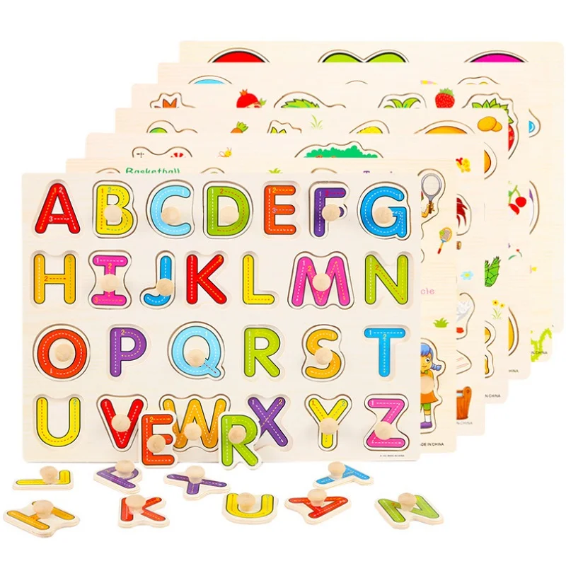 

Wooden Jigsaw Puzzles Hand Grab Toys Kids Early Educational Toys English Teaching Alphabet Capital Lowercase Learning Education
