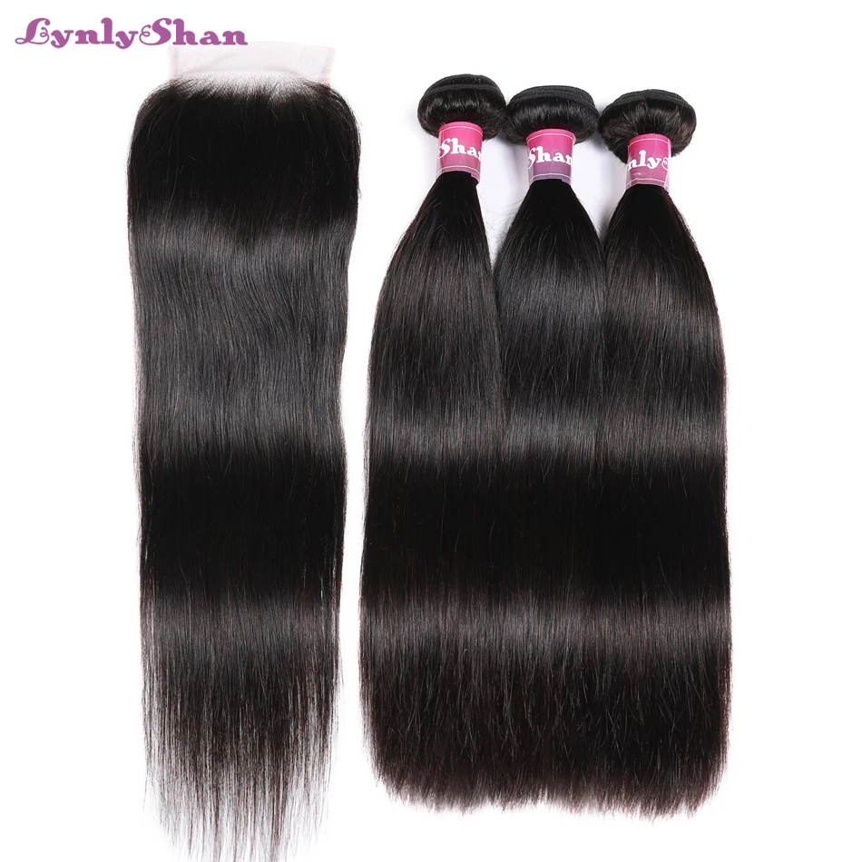 Lynlyshan человеческие волосы бразильские прямые пучки с закрытием Remy натуральный