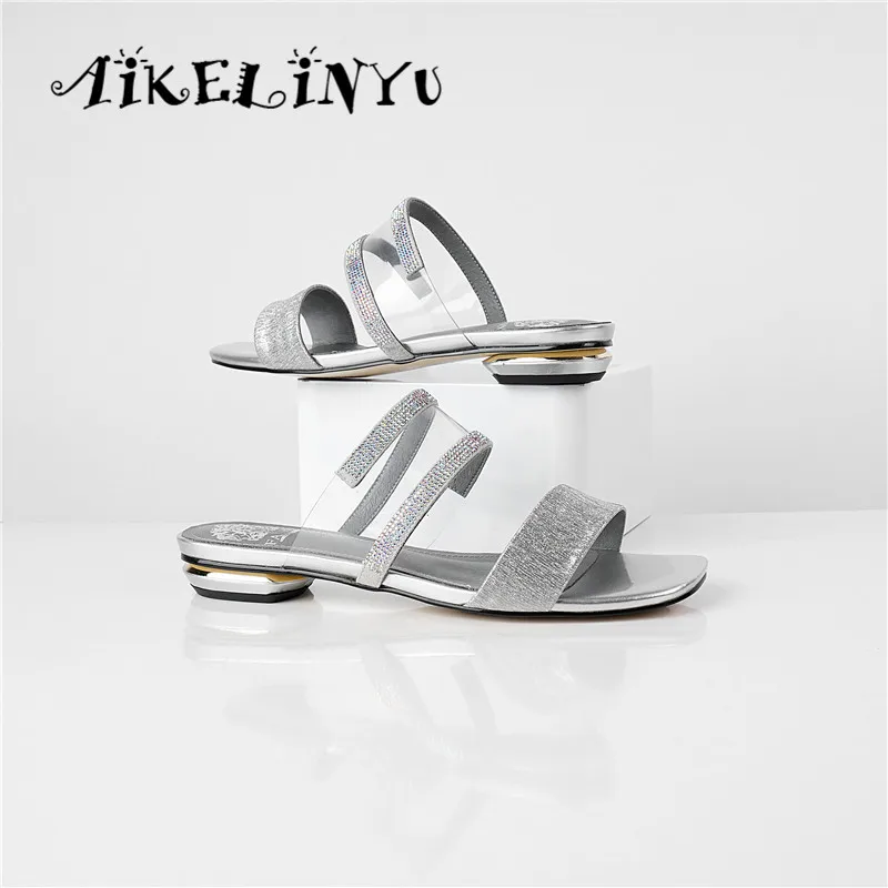 AIKELINYU/брендовые туфли без задника на плоской подошве; обувь из натуральной кожи; женские повседневные удобные шлепанцы; модные сандалии со стразами; большие размеры 34-43