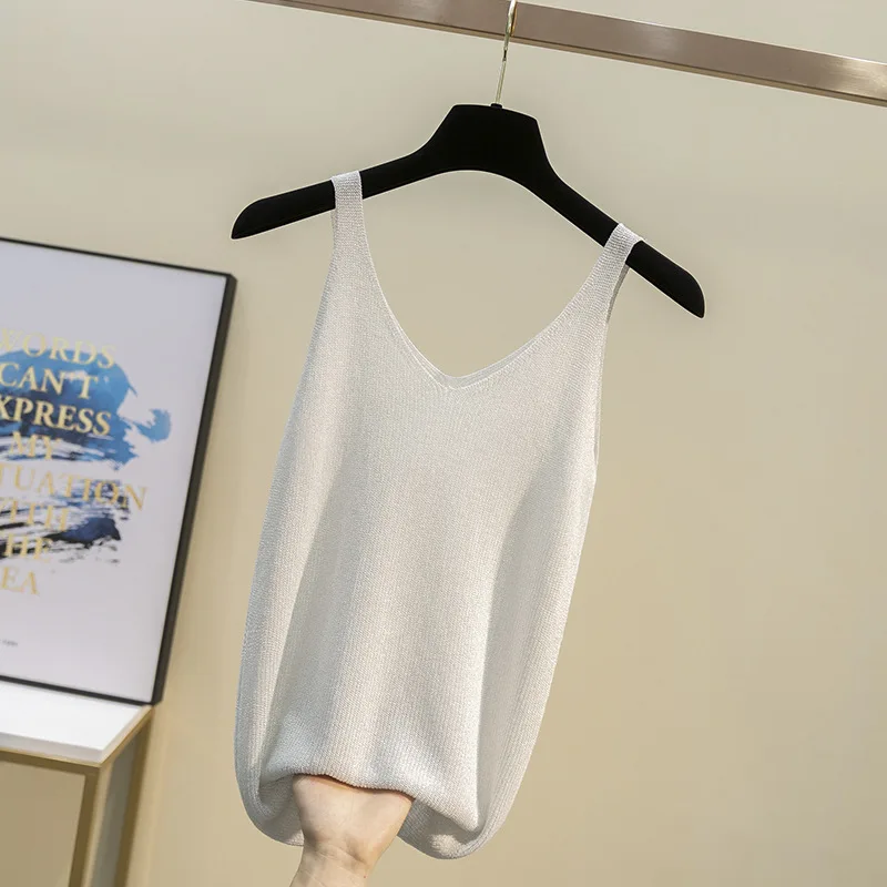 Spring Sparkling Casual Knitt Sweater Women V-neck Vests Summer Fashion Solid High Elasticity Soft Sexy Slim Sweaters Femme |