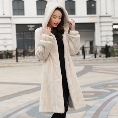 beige Датское Норковое женское длинное пальто из цельного меха, зимнее плотное тонкое теплое Женское пальто из меха норки, длинная куртка с капюшоном - Цвет: beige