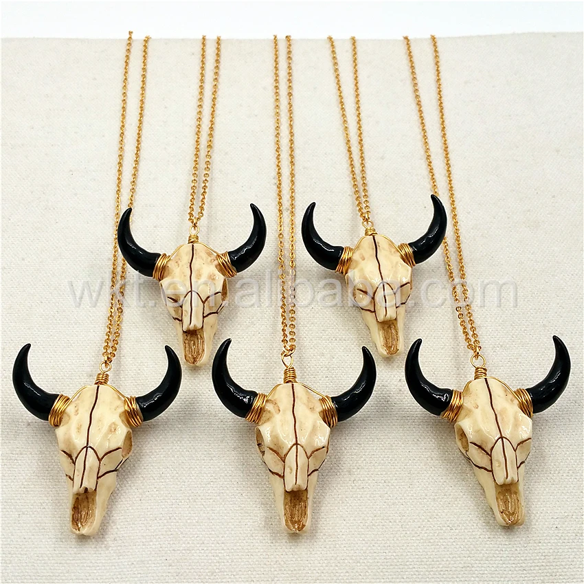 

WT-N790 New Designs Wire Wrapped Cattle Necklace Resin Cattle Pendant with wire wraped popular Gold cattle head necklace Jewelry