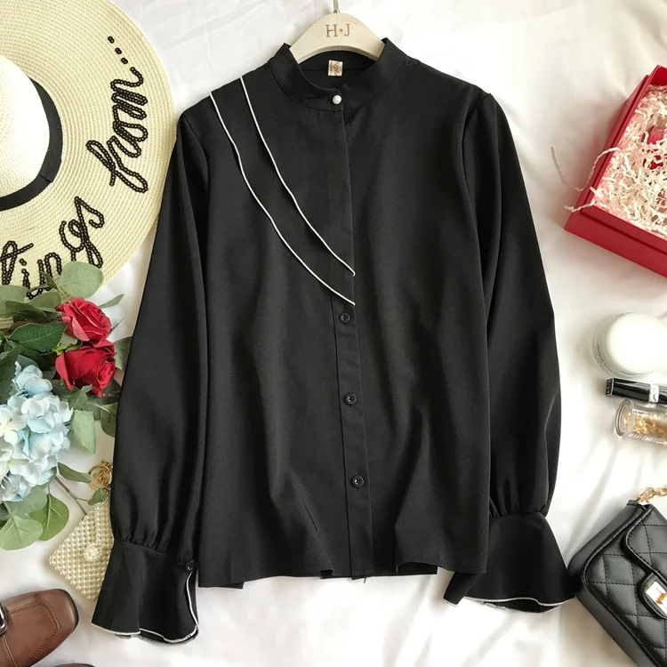 Neploe 2019 Modis Solid Single Breasted Blouse Casual Loose Stand Collar Women Shirt Spring Autumn Fashion Chiffon Top 69656 |