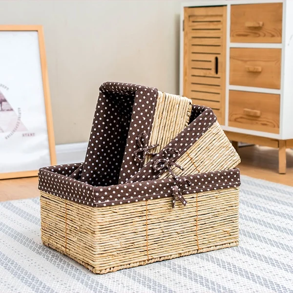 cre point fabri set Соломенная корзина для хранения, Подарочная кукурузная шелуха, тканая для мелочей, стол для закусок, корзины для хранения продуктов, коробки для хранения с тканевой подкладкой, для использования в гостиной - Цвет: cre point fabri set