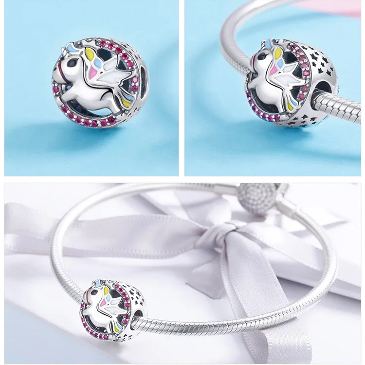 Подходит для браслета Pandora Серебро 925 CZ эмаль Единорог амулеты дети красочные карусель на детской площадке бусины для изготовления ювелирных изделий